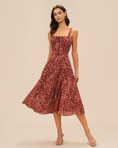 Vestido Midi Deslizante Floral Color Rojo Vino