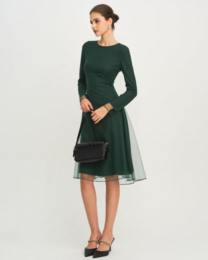 Vestido Midi de Punto de Malla de Cuello Redondo Verde
