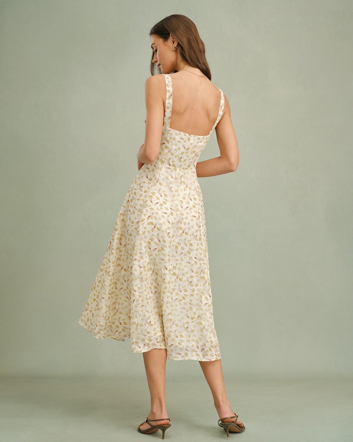 Vestido Midi Slip Floral de Albaricoque con Cremallera