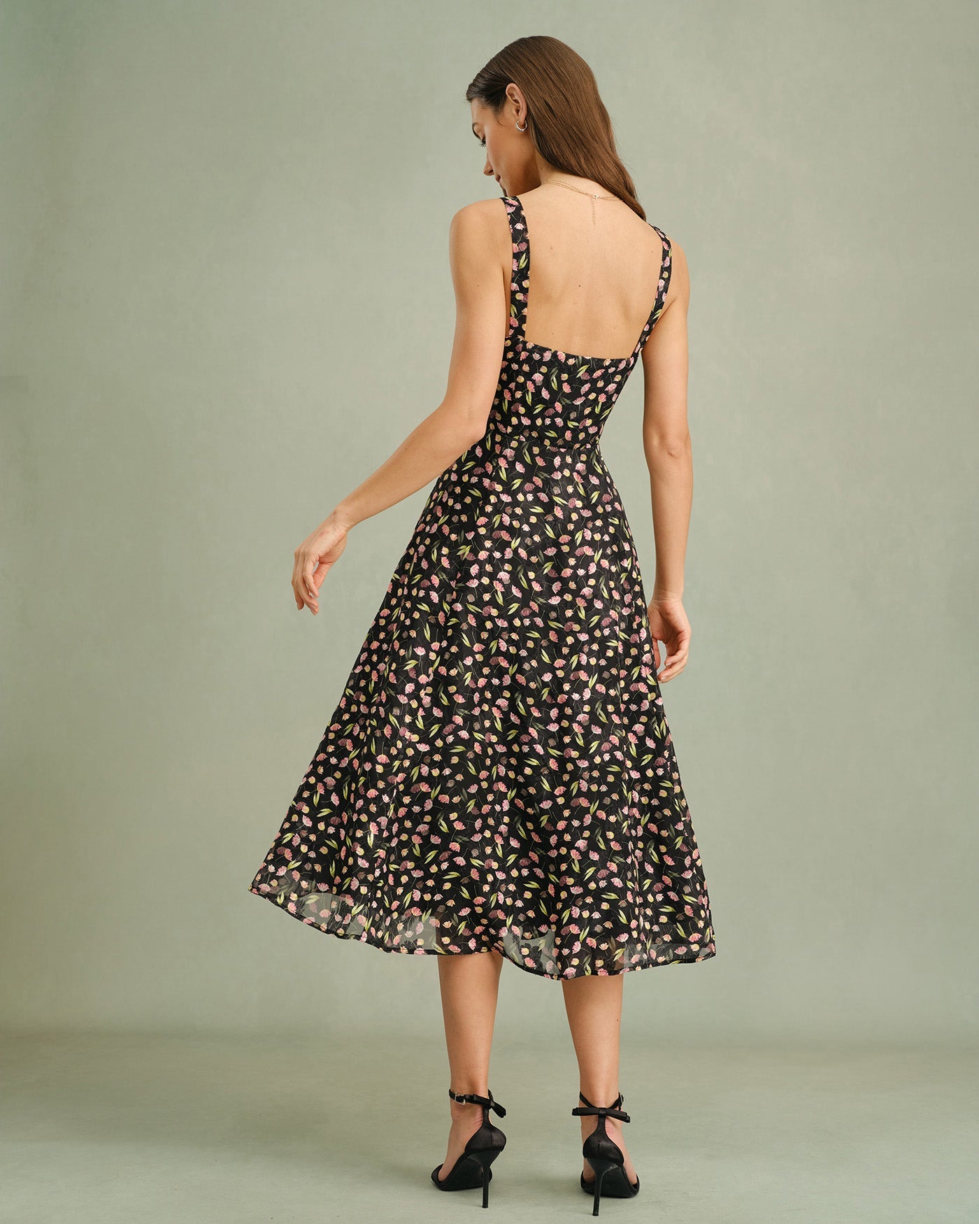 Vestido Midi de Tirantes con Estampado Floral Negro