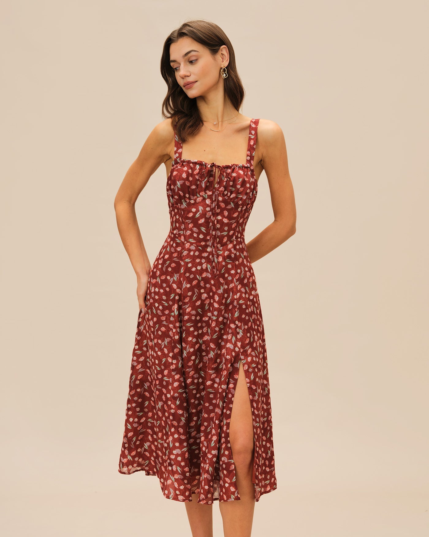 Vestido Midi Deslizante Floral Color Rojo Vino