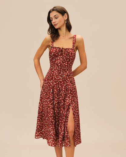 Vestido Midi Deslizante Floral Color Rojo Vino