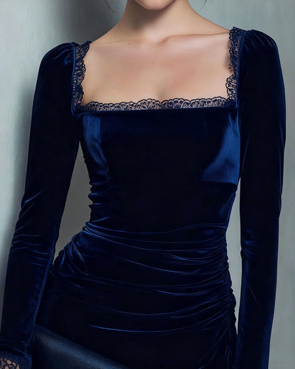 Vestido Mini de Cuello Cuadrado de Terciopelo Azul