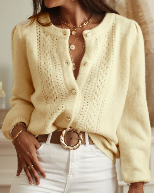 Cardigan de Punto Amarillo con Cuello Redondo
