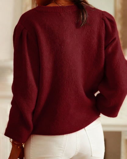 Cárdigan de punto casual de cuello redondo color rojo vino