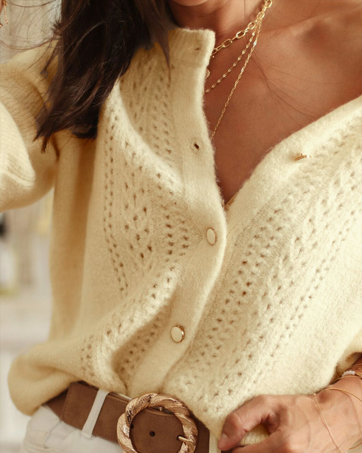 Cardigan de Punto Amarillo con Cuello Redondo