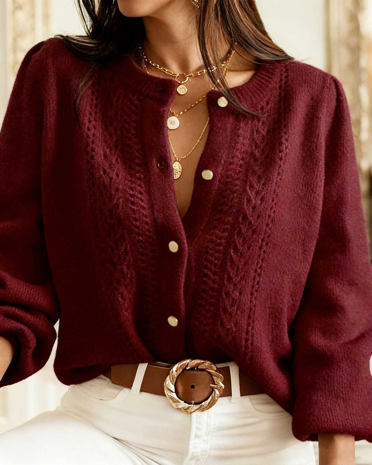 Cárdigan de punto casual de cuello redondo color rojo vino
