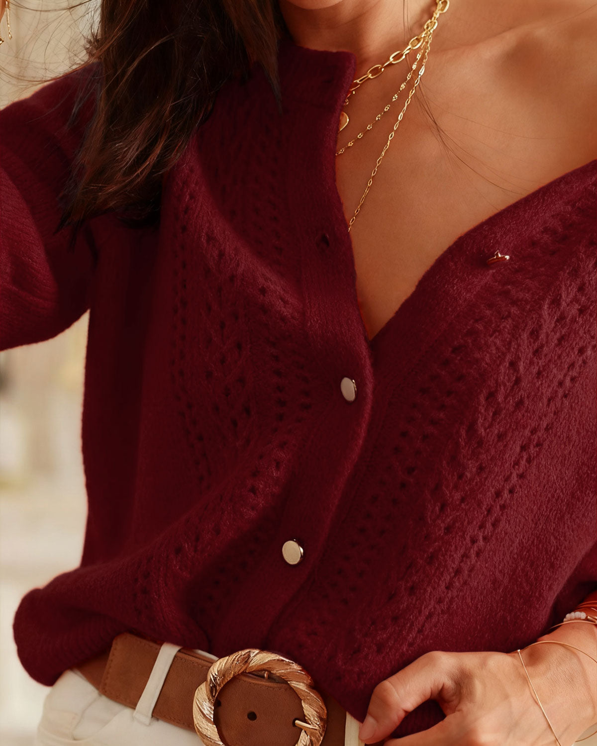 Cárdigan de punto casual de cuello redondo color rojo vino