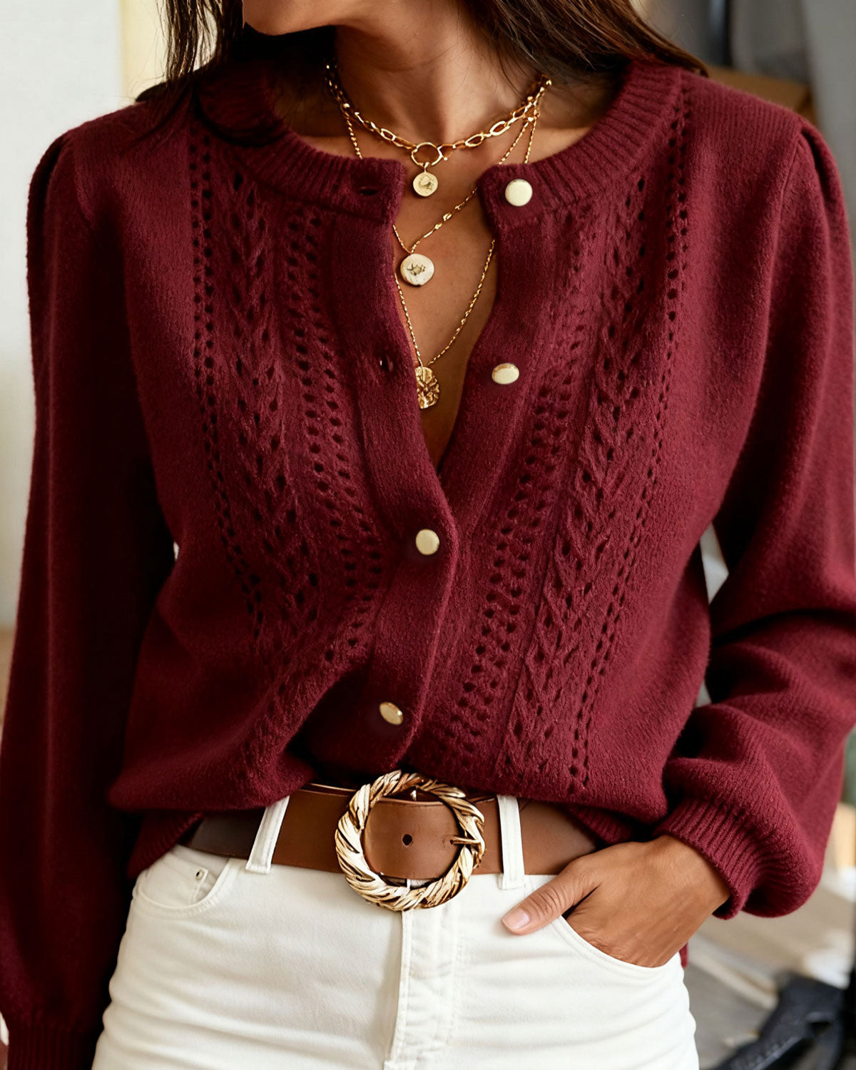 Cárdigan de punto casual de cuello redondo color rojo vino