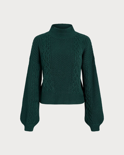 Suéter Verde de Cuello Alto con Mangas de Linterna