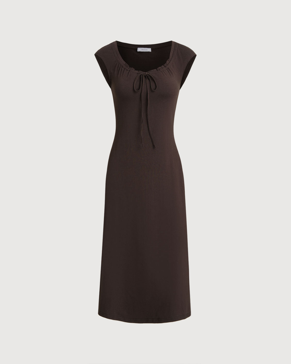 Vestido Midi Marrón con Cuello Barco y Mangas Cortas