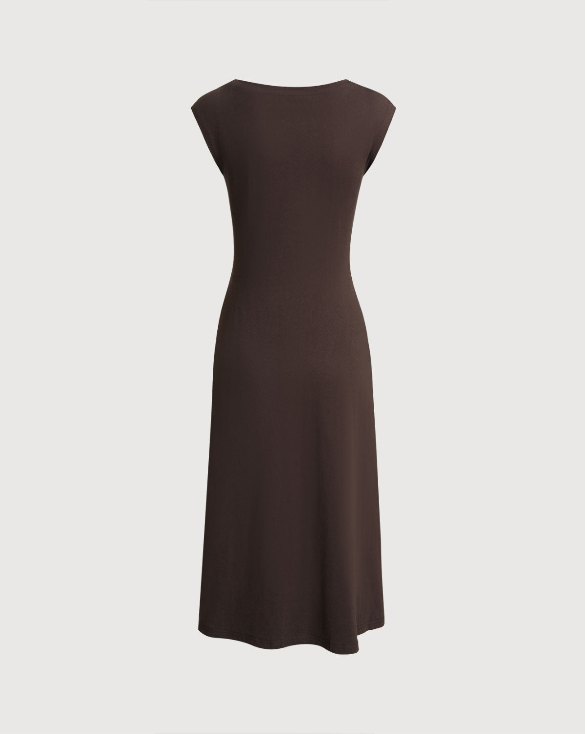 Vestido Midi Marrón con Cuello Barco y Mangas Cortas