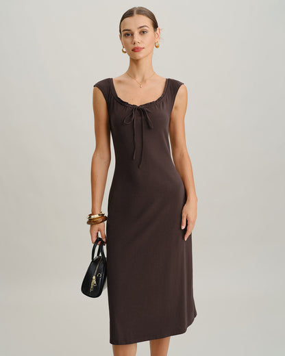 Vestido Midi Marrón con Cuello Barco y Mangas Cortas