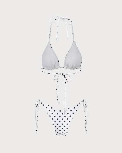 Conjunto de Bikini Triangular de Lunares en Color Blanco