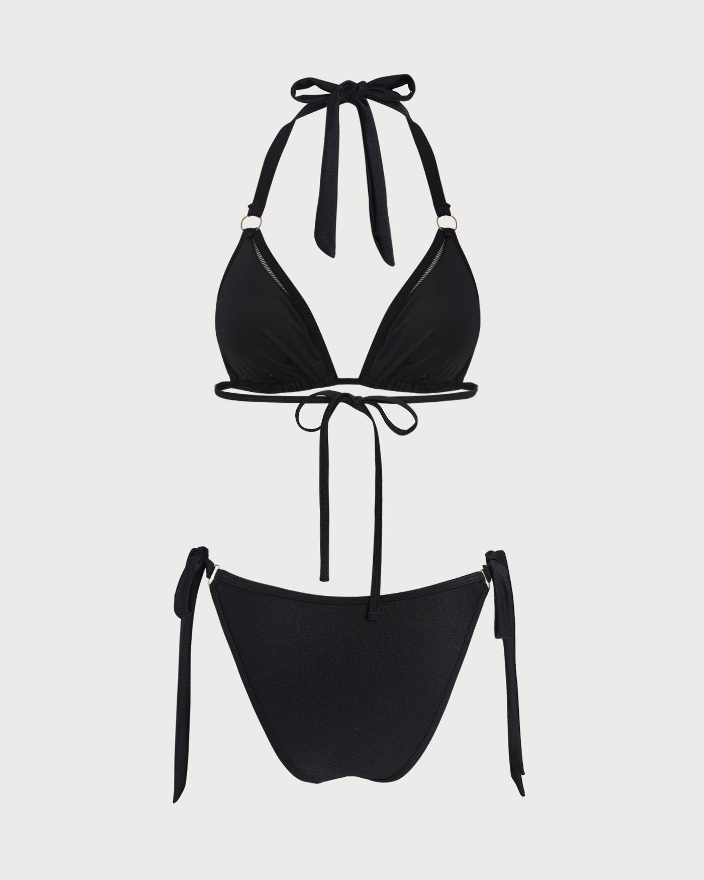 Conjunto de Bikini Triangular Negro con O-Ring y Halter