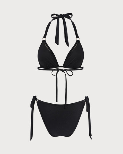 Conjunto de Bikini Triangular Negro con O-Ring y Halter