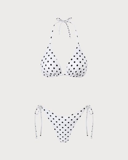 Conjunto de Bikini Triangular de Lunares en Color Blanco