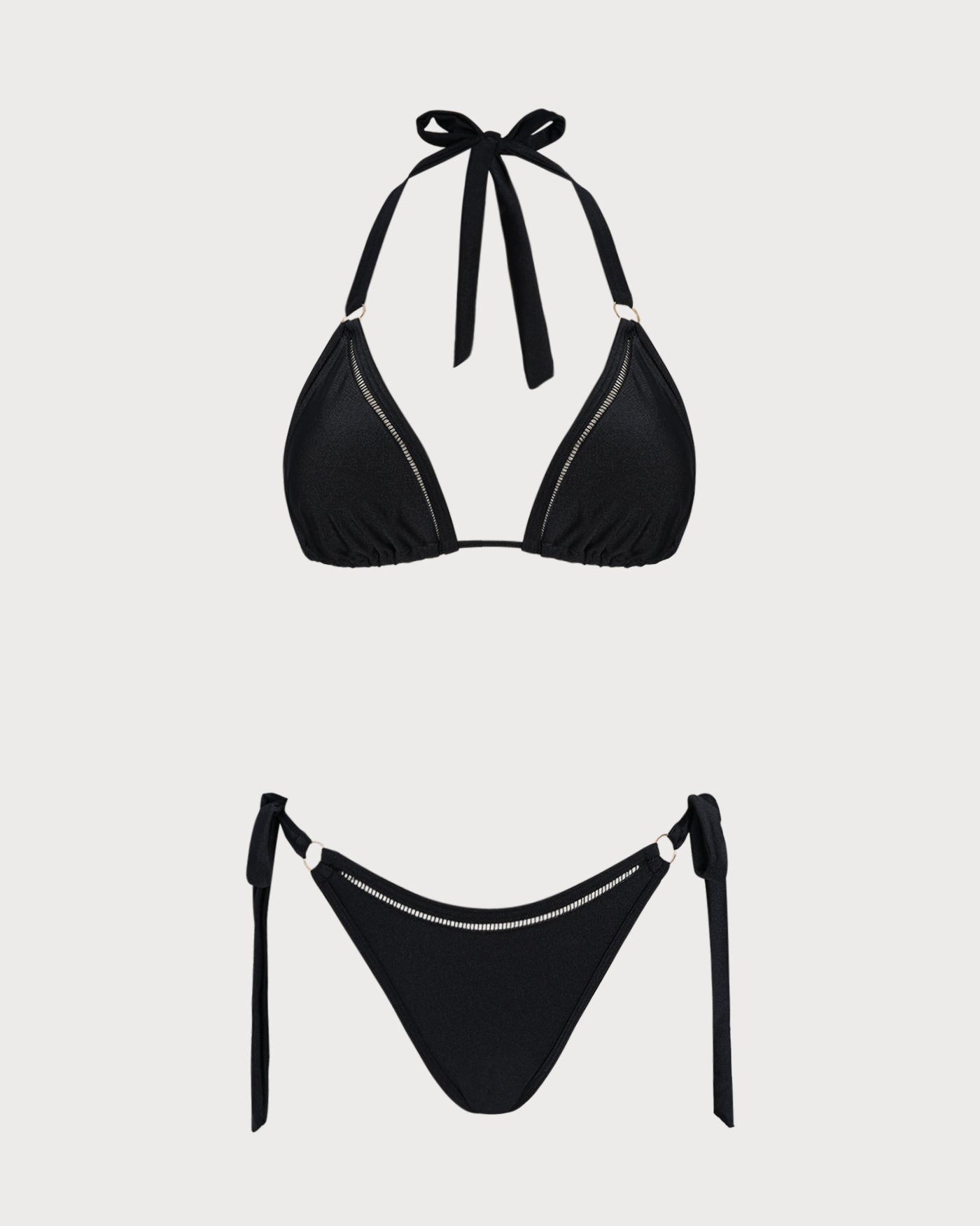 Conjunto de Bikini Triangular Negro con O-Ring y Halter