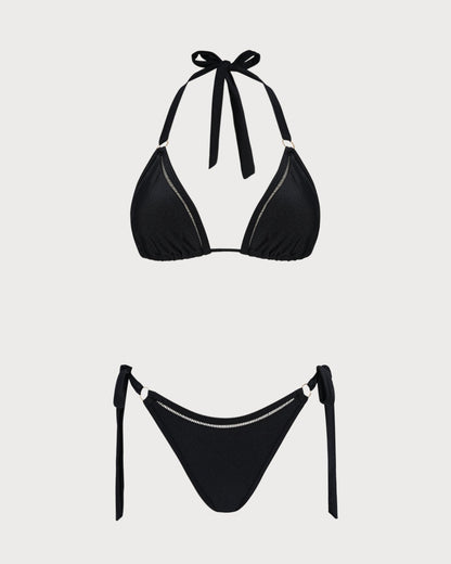 Conjunto de Bikini Triangular Negro con O-Ring y Halter