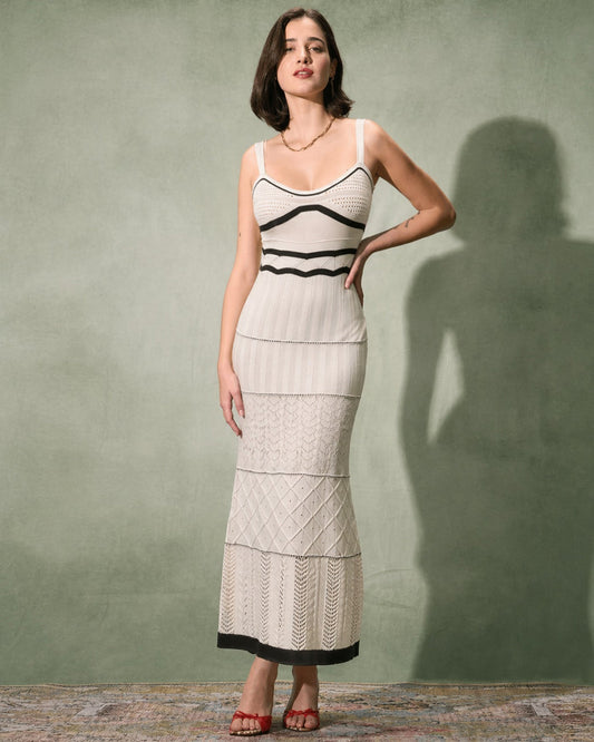 Vestido Maxi Slip Texturizado Beige con Contraste
