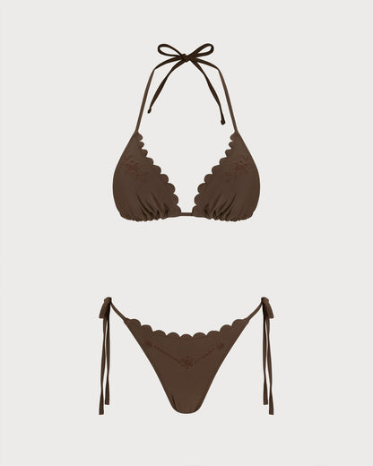 Conjunto de Bikini con Bordado Halter de Café