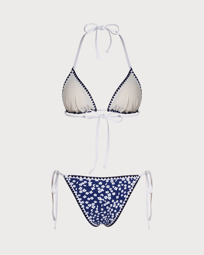 Conjunto de Bikini Triángulo Floral con Halter Azul
