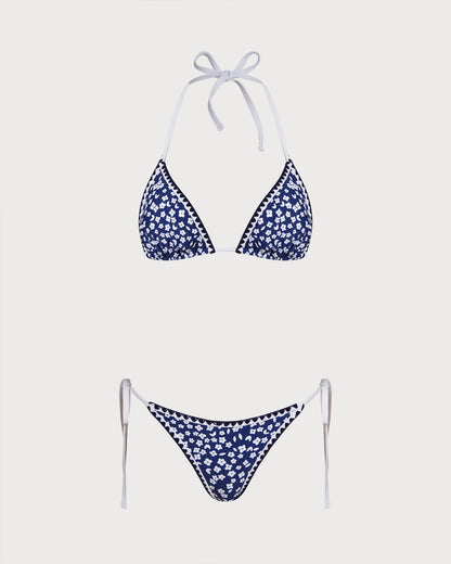 Conjunto de Bikini Triángulo Floral con Halter Azul
