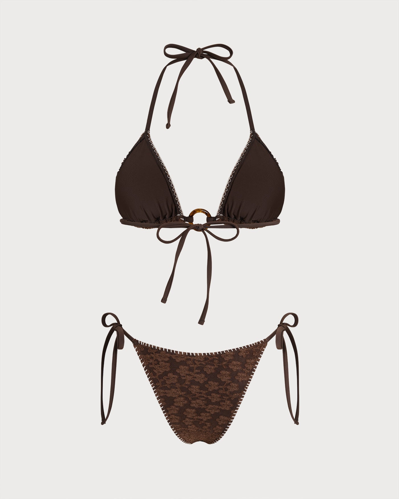 Conjunto de Bikini Triangular Texturizado con Halter Marrón