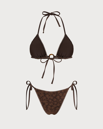 Conjunto de Bikini Triangular Texturizado con Halter Marrón