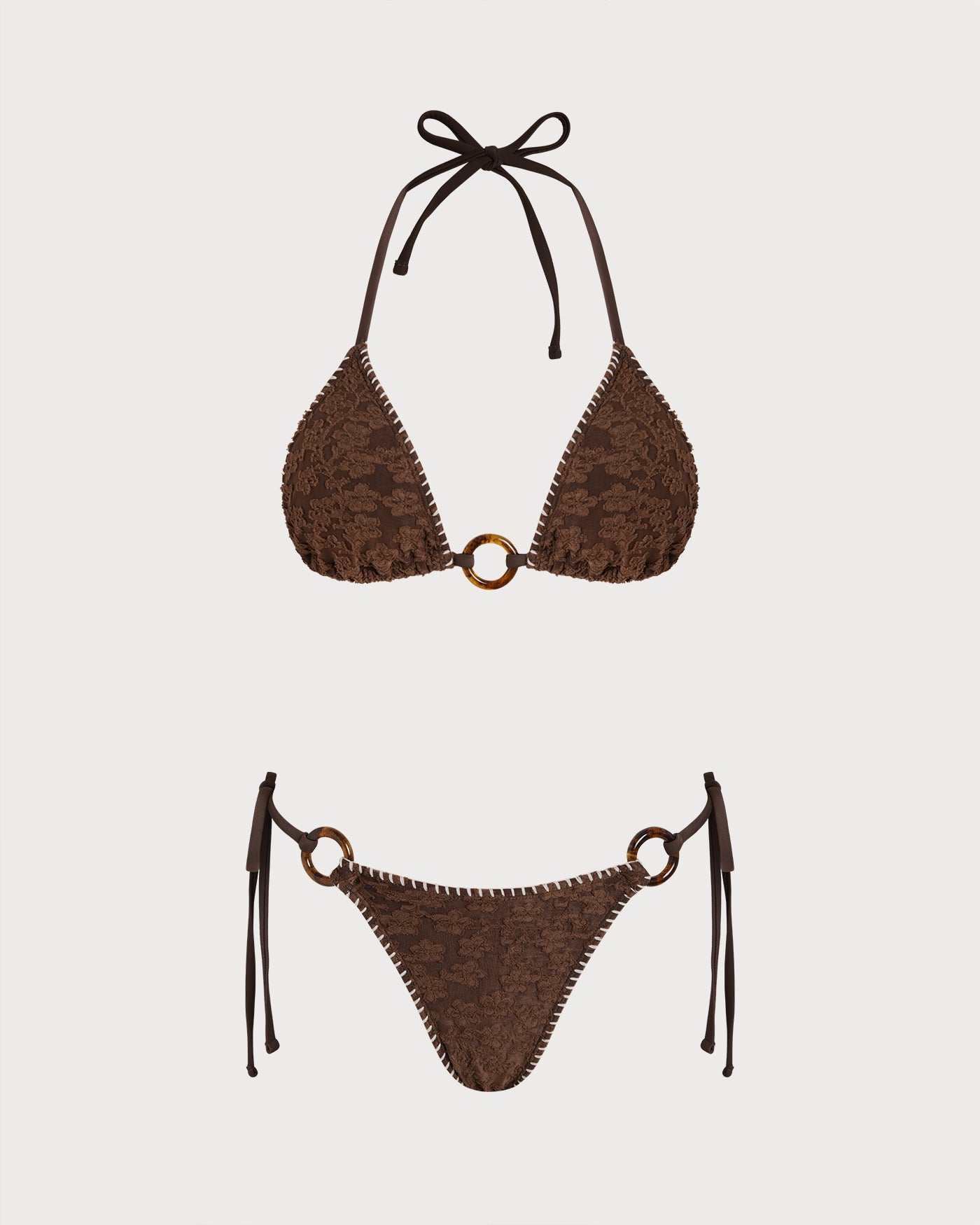 Conjunto de Bikini Triangular Texturizado con Halter Marrón
