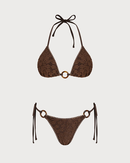 Conjunto de Bikini Triangular Texturizado con Halter Marrón