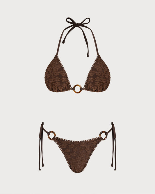Conjunto de Bikini Triangular Texturizado con Halter Marrón