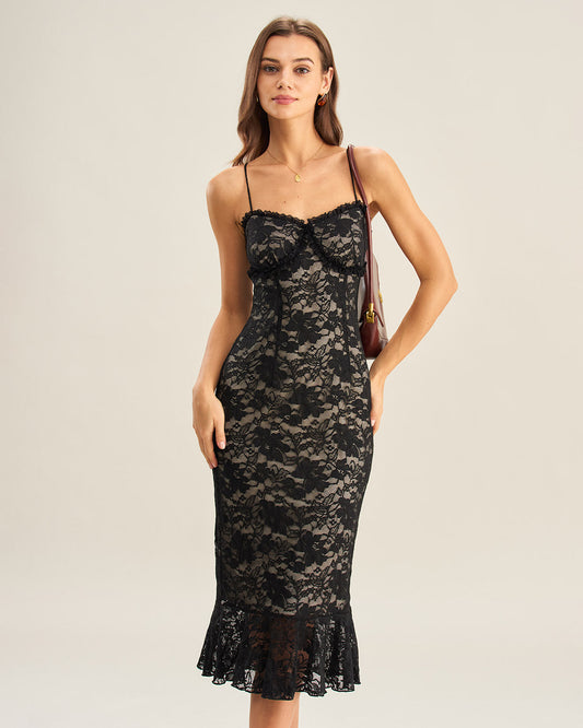 Vestido Midi de Encaje Negro Estilo Sirena