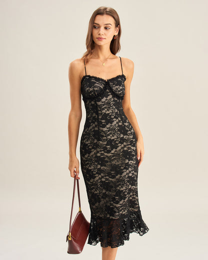 Vestido Midi de Encaje Negro Estilo Sirena