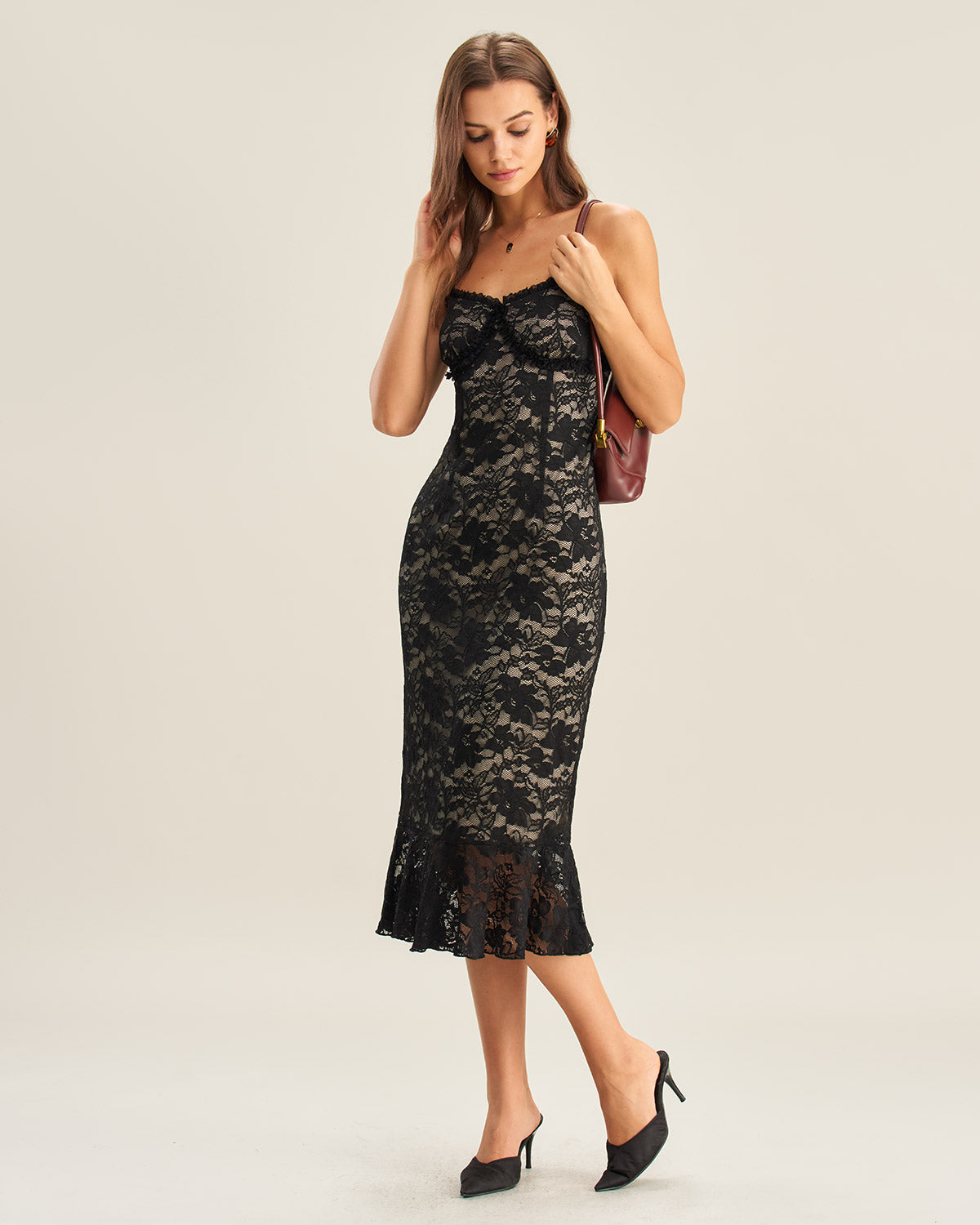 Vestido Midi de Encaje Negro Estilo Sirena