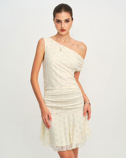 Vestido Mini de Encaje Beige con Un Hombro