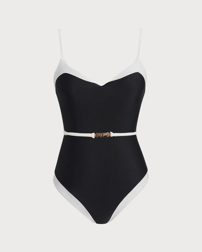 Traje de Baño de Una Pieza con Escote en V y Contraste Negro