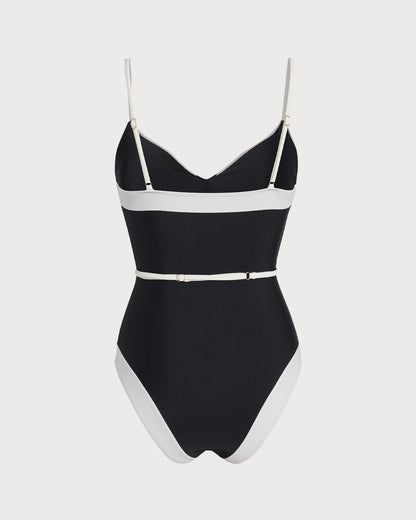 Traje de Baño de Una Pieza con Escote en V y Contraste Negro