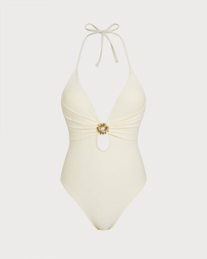 Bañador de Una Pieza con Halter en Color Off White