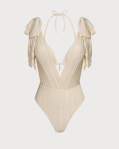 Conjunto de Bikini con Halter de Albaricoque con Lentejuelas y Cordón