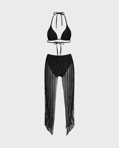 Conjunto de Bikini Triángulo con Cordón y Halter Negro