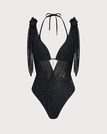 Conjunto de Bikini Triángulo con Cordón y Halter Negro