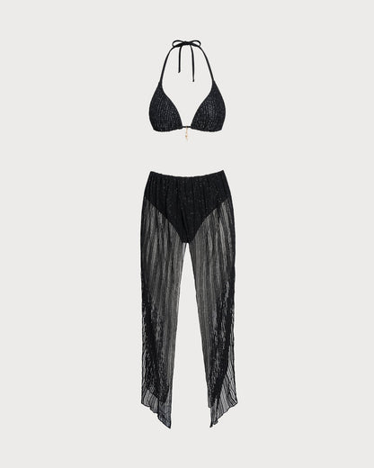 Conjunto de Bikini Triángulo con Cordón y Halter Negro