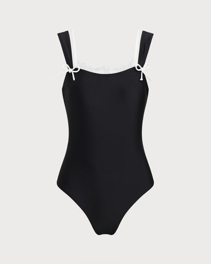 Traje de Baño de Una Pieza con Encaje Negro y Contraste