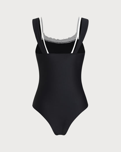 Traje de Baño de Una Pieza con Encaje Negro y Contraste