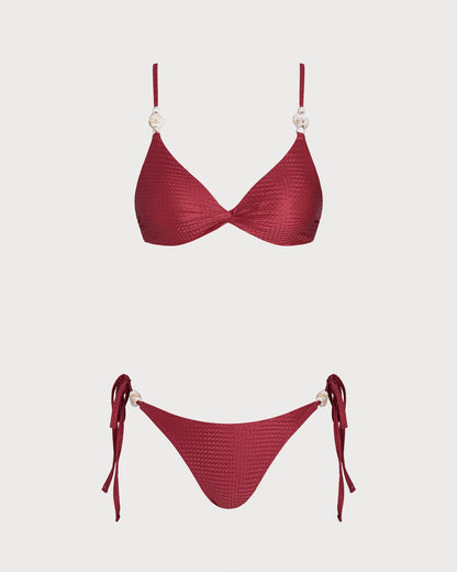 Conjunto de Bikini de Triángulo con Cordón en V Roja