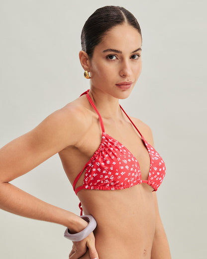 Conjunto de Bikini Triangular con Cordón Floral Rojo