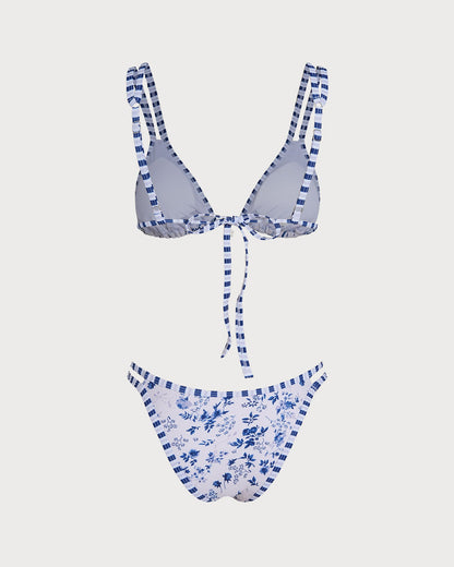 Conjunto de Bikini Triangular con Cordón Floral Blanco