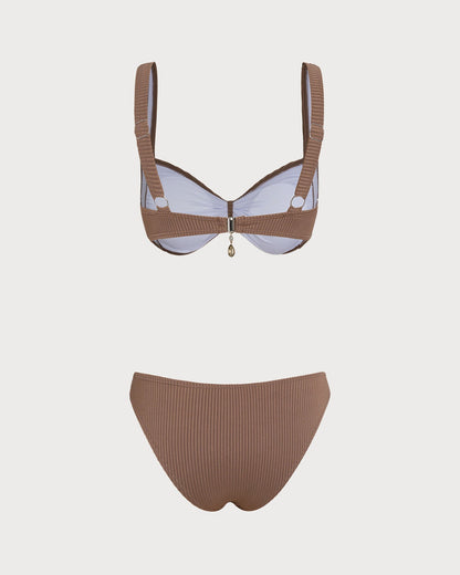 Conjunto de Bikini Triangular a Rayas Marrón