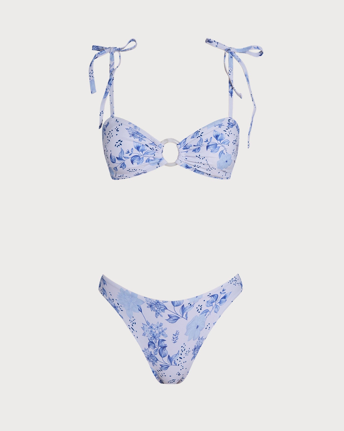 Conjunto de Bikini Triangular con Tirantes de Flores Blancas
